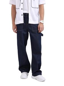 Jean baggy homme en denim foncé, coupe ample, délavage foncé, poids moyen, 100 % coton, écologique, style vintage avec poches utilitaires - Product Image 1
