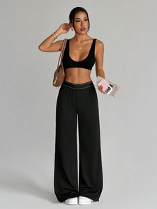 Pantalon Palazzo Femme Taille Haute Ample et Fluide Noir Athleisure avec Poches Fente Latérale Extensible Décontracté - Product Image 2