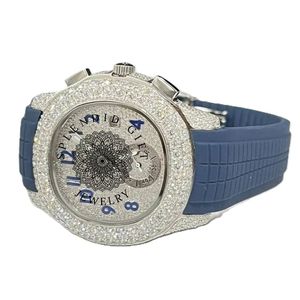 Montre de luxe pour homme, boîtier argenté, moissanite, cadran en cristal de saphir argenté, chronographe, mouvement à quartz ETA, bracelet en silicone, 28 mm, analogique - Product Image 2