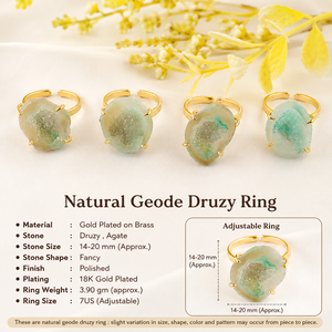 Luxury Fashion Jewelry Mode Joyas Women's 18k Gold Plated Brass Gemstone Raw Green Druzy Agate Punk <b>Adjustable</b> <b>Rings</b> Trendy - Product Image 1