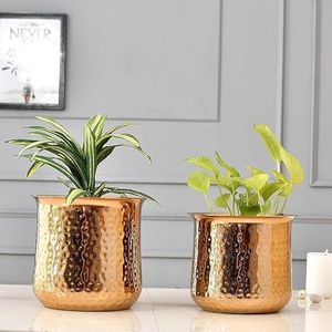 Ensemble de pots de fleurs décoratifs en métal doré martelé de luxe pour l'intérieur, décoration de maison de luxe - Product Image 1
