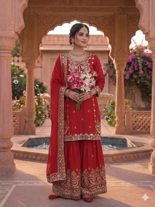 Ensemble Sharara élégant en soie Chinon rouge brodé avec dupatta pour femme, idéal pour mariage, fête, tenue ethnique traditionnelle - Product Image 4