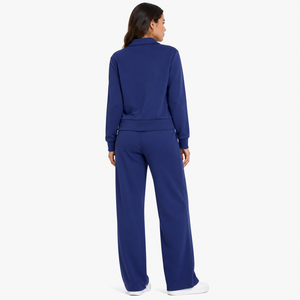 Ensemble de survêtement pour femme avec veste zippée intégrale et pantalon droit, bleu marine, vêtements de sport décontractés, logo personnalisé, vêtements de détente, fabricant en gros - Product Image 2