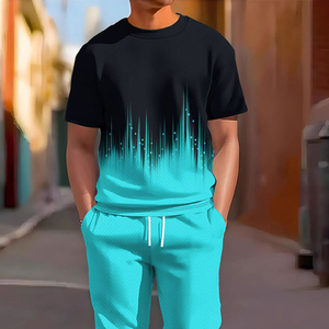 Ensemble T-shirt et short pour homme, imprimé numérique, col rond, manches courtes, tricoté, coupe décontractée, 320g, logo frontal, respirant - Product Image 3
