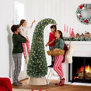 Albero di Natale Artificiale Slim da 180 cm, Stile Abete di Montagna, con Punta Curva e 200 LED, Base in Metallo Verde, Decorato - Product Image 2
