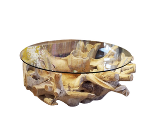 Table basse de luxe Keysha durable en teck naturel de qualité supérieure avec plateau en verre artistique – Pièce unique et moderne - Product Image 6