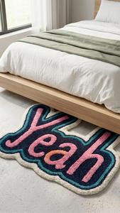Tapis d'intérieur en laine tufté à la main avec design textuel unique YEAH, doux, moelleux, antidérapant, moderne, pour salon, chambre à coucher, décoration de la maison - Product Image 2