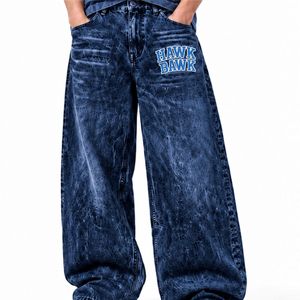 Pantalones Anchos para Hombre, Estilo Casual, Talla Grande, Lavado a la Piedra, Estilo Hip Hop, Pantalones de Mezclilla de Algodón con Estampado de Letras HAWK BAWK - Product Image 1