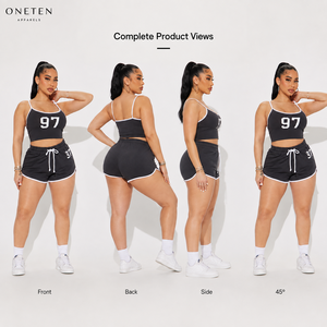 ชุดเซ็ทเสื้อครอปและกางเกงขาสั้นลายทาง 2 ชิ้นสำหรับผู้หญิงจาก ONETEN APPARELS สีดำ เนื้อผ้าถักสแปนเด็กซ์ยืดหยุ่นสูง ระบายอากาศได้ดี - Product Image 2