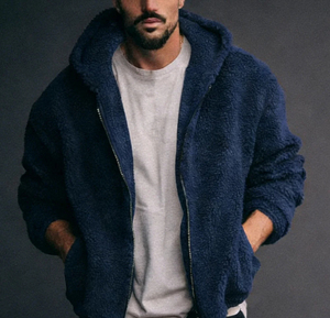 Chaqueta de lana con capucha para hombre, forro polar grueso, ropa informal de invierno, corte regular, color sólido, prenda exterior tejida, chaqueta de lana - Product Image 5