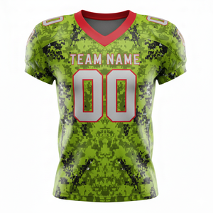 เสื้อฟุตบอลอเมริกันแบบซับลิเมชั่นสั่งทำพิเศษสำหรับผู้ใหญ่ แขนสั้น ระบายอากาศได้ดี มีไซส์พลัส คอวี ผ้าโพลีเอสเตอร์ 100% ด้านหน้า - Product Image 2