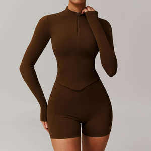 Women Four Piece Activewear Set <b>Brown</b> Stretch One Shoulder <b>Top</b> Shorts Leggings And <b>Long</b> <b>Sleeve</b> Casual Fitness Wear - Product Image 2