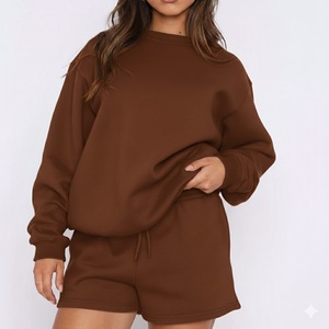 Ensembles de shorts et pulls à col rond pour femmes, en molleton 100% coton épais, personnalisables, OEM, pour la détente, avec marque privée, pour filles - Product Image 1