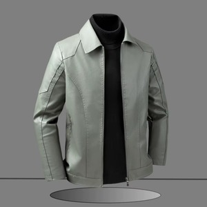 Veste en cuir PU pour homme, style motard, col rabattu, fermeture éclair, couleur unie, coupe ajustée, manches classiques, automne - Product Image 5