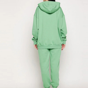 Women 2 Piece Tracksuit Set Green Hooded Sweatshirt With Pocket Loose Fit Casual All Seasons Fleece Material Knitted Solid Color - Product Image 3