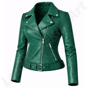 Veste de moto en cuir véritable vert pour femme, ceinturée, coupe ajustée, fermeture éclair, style motard, vêtement d'extérieur tendance - Product Image 1