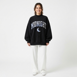Pull-over en coton tricoté à col montant pour femme, coupe ample, manches longues, avec imprimé personnalisé à sequins, idéal pour l'automne – Vente en gros - Product Image 1