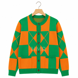 HMR Sisterhood Sorority Acrylic Green <b>Orange</b> Geometric Knitted <b>Cardigan</b> <b>Women</b> Long Sleeve Casual Crew Neck Button Front - Product Image 5