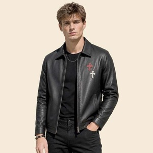 Men Black <b>Gothic</b> Leather Biker <b>Jacket</b> with Cross Patch Zip Up Style - Product Image 1