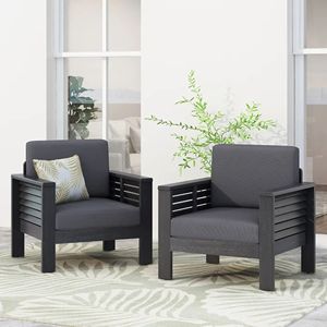 Set of 2 Outdoor Acacia Wood <b>Club</b> <b>Chairs</b> with Dark Gray Cushions 27.75\"D X 32\"W X 27.75\"H Elegant Outdoor Furniture - Product Image 3