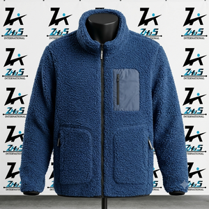 Men's Blue <b>Fleece</b> <b>Jacket</b> Stand Collar Zipper Closure Windproof Winter Outerwear Casual Style <b>Thick</b> Sherpa Lining Sherpa <b>Jackets</b> - Product Image 1