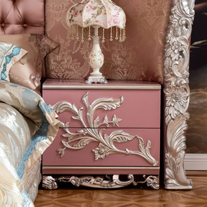 Ensemble de chambre à coucher Princesse Rose Romantique, tables de chevet et coiffeuse en bois d'acajou sculpté à la main, style français de luxe capitonné, lit King Size - Product Image 6