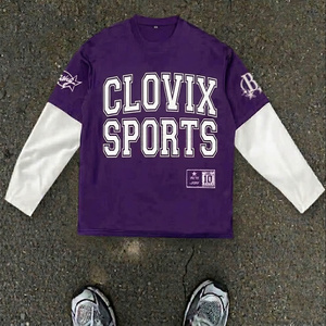 T-shirt à manches longues pour homme Clovix Sports, violet et blanc contrasté, col rond, jersey décontracté, coupe régulière, respirant, imprimé - Product Image 1