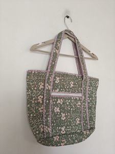 Green Floral Quilted Cotton Tote <b>Bag</b> with Double Handles and Zipper Closure <b>Medium</b> <b>Size</b> Shoulder <b>Bag</b> - Product Image 2