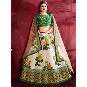 Robe de mariage en soie Banglori à imprimé floral crème et vert Lehenga Choli - Product Image 4