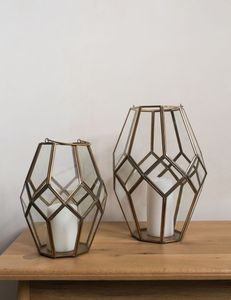 Lanterne en verre géométrique avec cadre en laiton, forme fantaisie, décoration d'intérieur, porte-bougie vide - Product Image 5