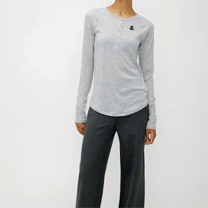 <b>Women's</b> Solid Color O-Neck Long Sleeve <b>Henley</b> T-<b>Shirt</b> Buttons Regular Fit Casual Nonwoven Top 100% Cotton Plain Dyed Logo - Product Image 3