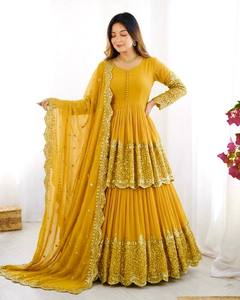 Costume Anarkali traditionnel jaune pour femmes avec dupatta brodé, coupe ample, longueur au sol, tenue de mariage, style Inde Pakistan - Product Image 2