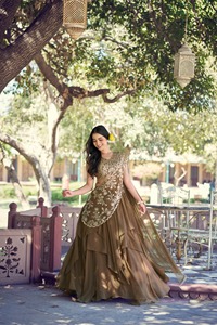 Brown Embroidered Lehenga Set Sleeveless V Neck Net Blouse Dupatta Traditional Indian Outfit <b>Wedding</b> Banquet Wear - Product Image 4