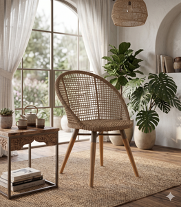 Chaise de salle à manger moderne en rotin naturel, chaises d'appoint en osier tressé pour extérieur, pieds en bois faits à la main, mobilier de restaurant, café, patio - Product Image 6