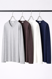 T-shirt à manches longues pour homme, col en V, 100% coton, uni, décontracté, coupe ample, tricoté, respirant, 180g, imprimé en sérigraphie, OEM - Product Image 5