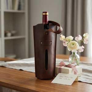 Porte-vin en cuir véritable de luxe, élégant, pour une seule bouteille, sac de transport en cuir premium pour cadeau d'affaires LEB-0067B - Product Image 1