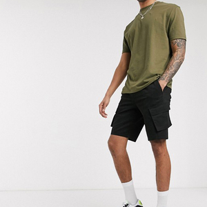 Shorts cargo noirs pour hommes, taille mi-haute élastique, couleur unie, en coton, décontractés, style respirant avec poches - Product Image 3