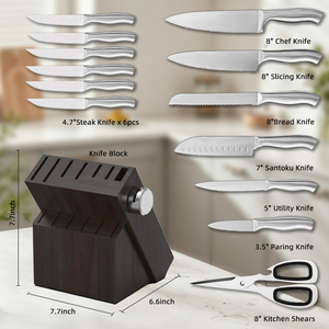 Ensemble de 14 couteaux de traiteur pour chaînes hôtelières avec support en bois foncé, unité d'affûtage rotative et manches entièrement métalliques courbés pour la restauration en gros - Product Image 3
