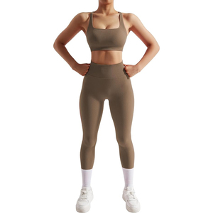 Hot Selling Waterproof Plus Size Ribbed Active Stretch Workout Sets Women 2 Piece Backless Strappy Sports Bra High-Waisted - Product Image 4