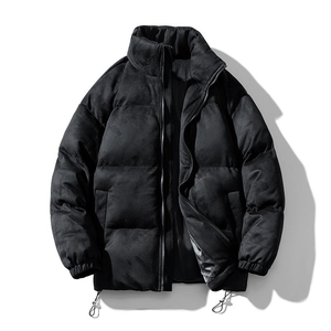 <b>Men's</b> <b>Black</b> Puffer Jacket Stand Collar Zipper Closure Windproof Thick Polyester Casual Winter <b>Coat</b> Regular Length Loose Fit - Product Image 1