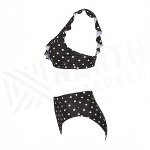 Conjunto de bikini negro con lunares para mujer, top con volantes, pantalones de cintura alta, traje de baño de dos piezas - Product Image 4