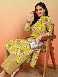 Kurta Pantalón Recto de Algodón Elástico con Cuello Mandarín, Mangas Tres Cuartos, Estampado Floral y Bordado de Espejo, Elegante, Étnico, Verano - Product Image 4