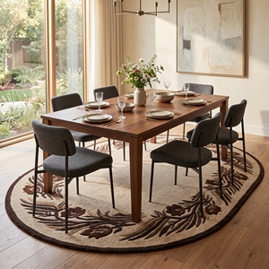 Tapis rond moderne à bordure florale, fait main, tufté, crème et marron - Product Image 6