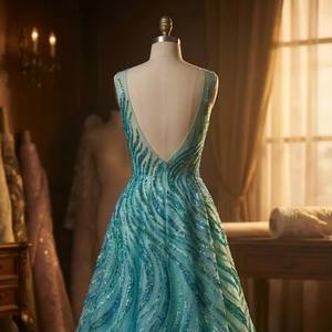 Vestido de Noche Azul Turquesa de Alta Calidad, Hecho a Mano con Cuentas, Vestido de Gala de Tul con Lentejuelas y Patrón de Ondas, Personalizado - Product Image 2