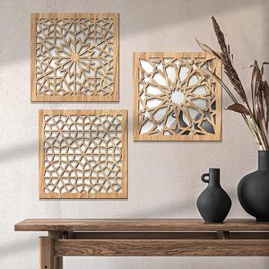 Espejo de Pared de Madera, Panel Decorativo Geométrico Cortado con Láser, Espejo Cuadrado Colgante para Sala de Estar, Dormitorio, Entrada - Product Image 1