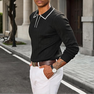 Pull en maille à manches longues pour homme, couleur unie, décontracté, automne, fermeture boutonnée, noir - Product Image 5