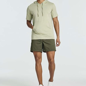 เสื้อยืดมีฮู้ดแขนสั้นผ้าฝ้ายน้ำหนักเบาสำหรับผู้ชาย เสื้อยืดมีฮู้ดลำลองพร้อมเชือกปรับได้ กระเป๋าหน้าใส่ของได้ สวมใส่สบาย - Product Image 6