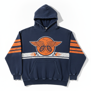 Men's Navy Blue Hooded Sweatshirt With Orange Wings Logo And Striped Sleeves Casual Cotton Pullover Front Print Design - Product Image 4