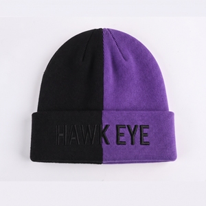 Bonnet en tricot color block Hawk eye noir et violet avec revers plié et logo brodé – Casquette d'hiver - Product Image 5