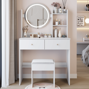 Tavolo da Trucco con Specchio LED da 17 Pollici, Sgabello Imbottito, Grande Specchio con Interruttore Touch, 3 Colori e Regolazione della Luminosità - Product Image 1